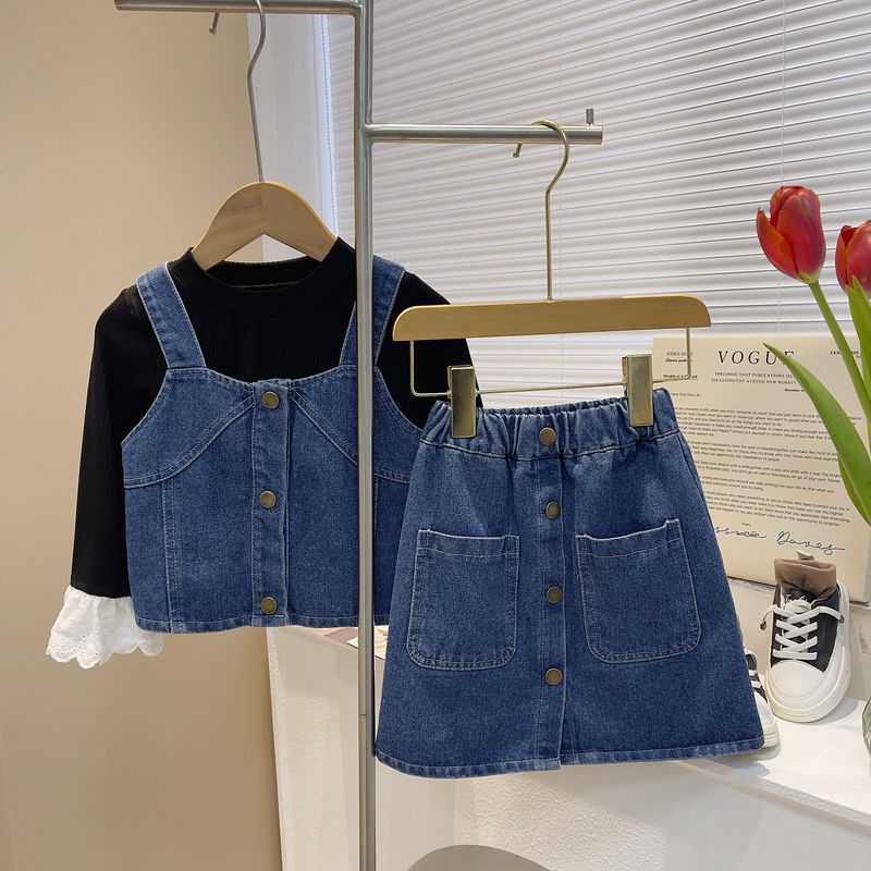 2024 herbst Neue Koreanische Ausgabe Cowboy Set + Manschette Spitze Langarm Bottom Shirt Baby Set 23070_voghion.com