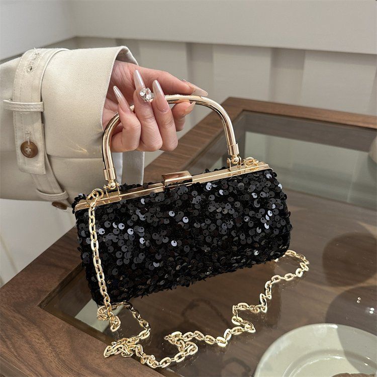 Borsa da pranzo da donna con paillettes e texture, stile quotidiano, borsa a tracolla con catena versatile_voghion.com