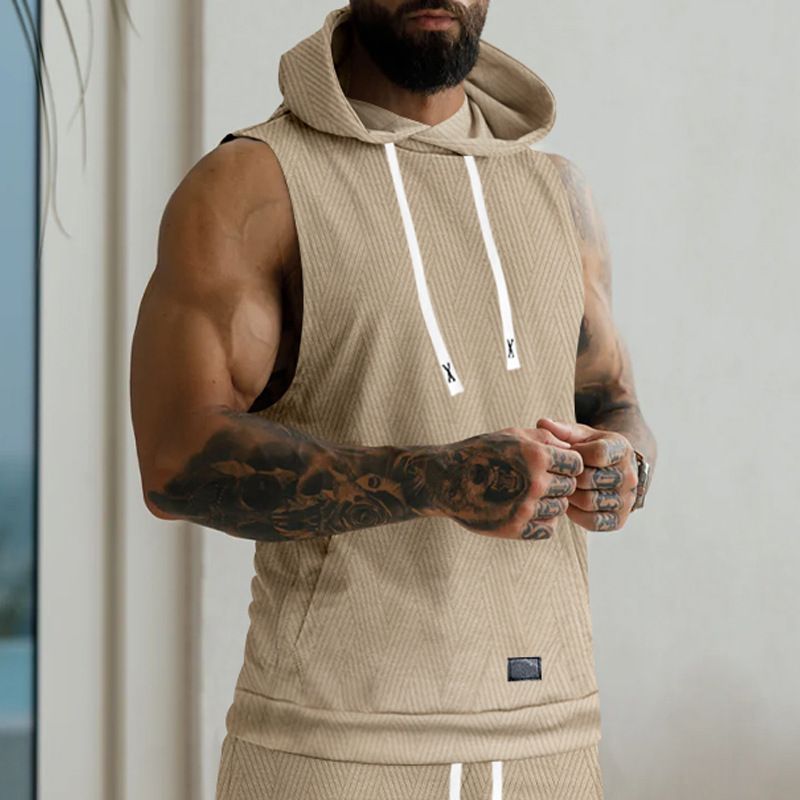 Felpa con cappuccio in maglia jacquard casual da uomo, senza maniche, con tasca applicata e coulisse_voghion.com