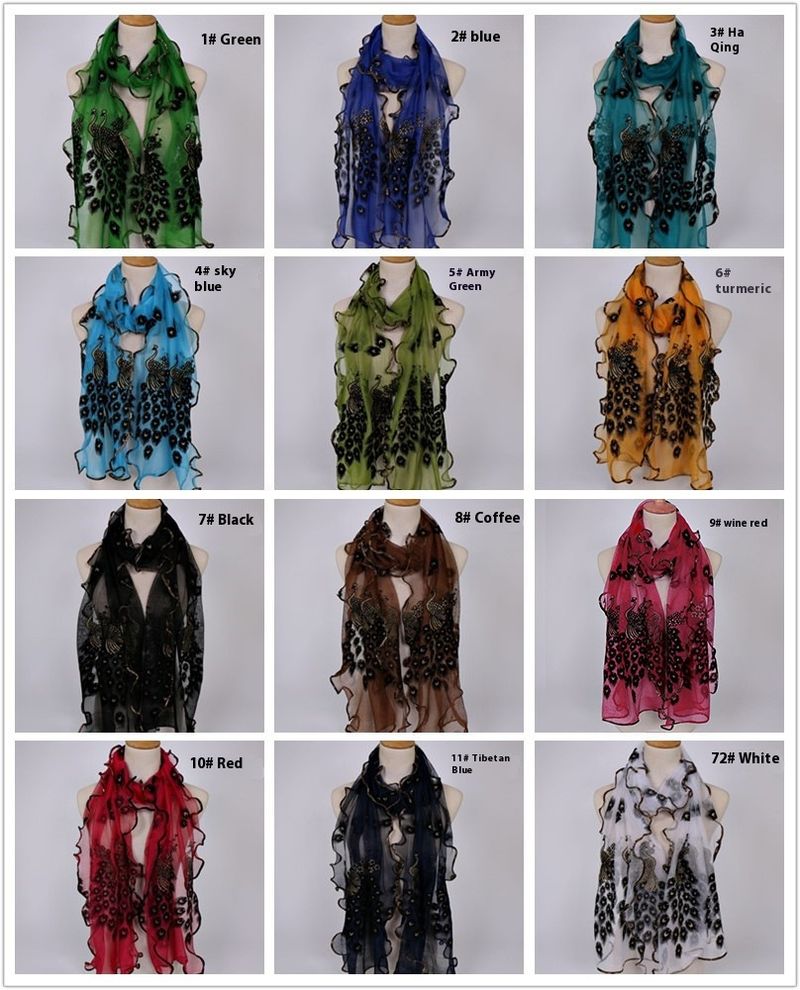 Peacock Plush Breathable Long Scarf With Gold Foil And Lace Edging For Women_voghion.com