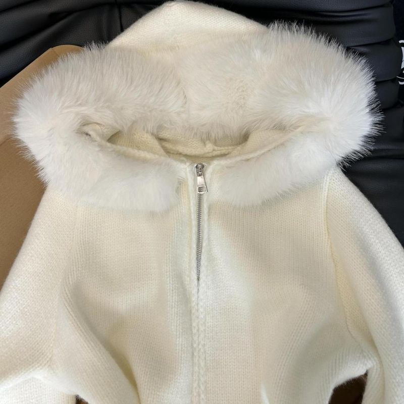 Oversized vest met capuchon en rits – Wintertrui van acrylbreisel met imitatiebont (S-XL, wit) – Boho-chique jas met open voorkant_voghion.com