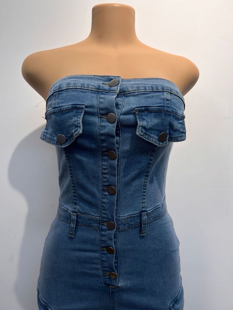 Damenbekleidung Neues Tube Top Multi Pocket Workwear Jeans Jumpsuit Anzug Multi Button_voghion.com