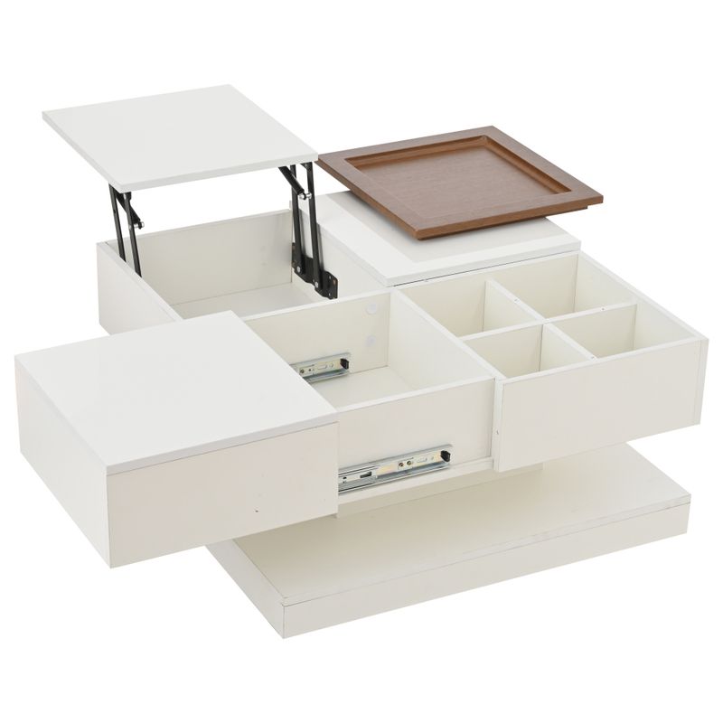 75.5*75.5*38 cm Couchtisch Anhebbarer Multifunktionstisch, Sofatisch Mit 4 Fächern, Beistelltisch, Geometrischer Tisch, Weiß + Holzfarbe_voghion.com