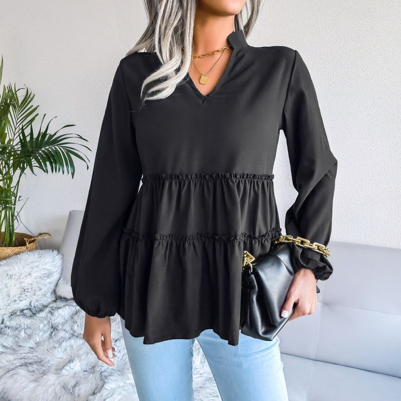 2023 Lantern Long Sleeve Casual Loose Ruffle Hem Chiffon Blouse Women's Fashion_voghion.com