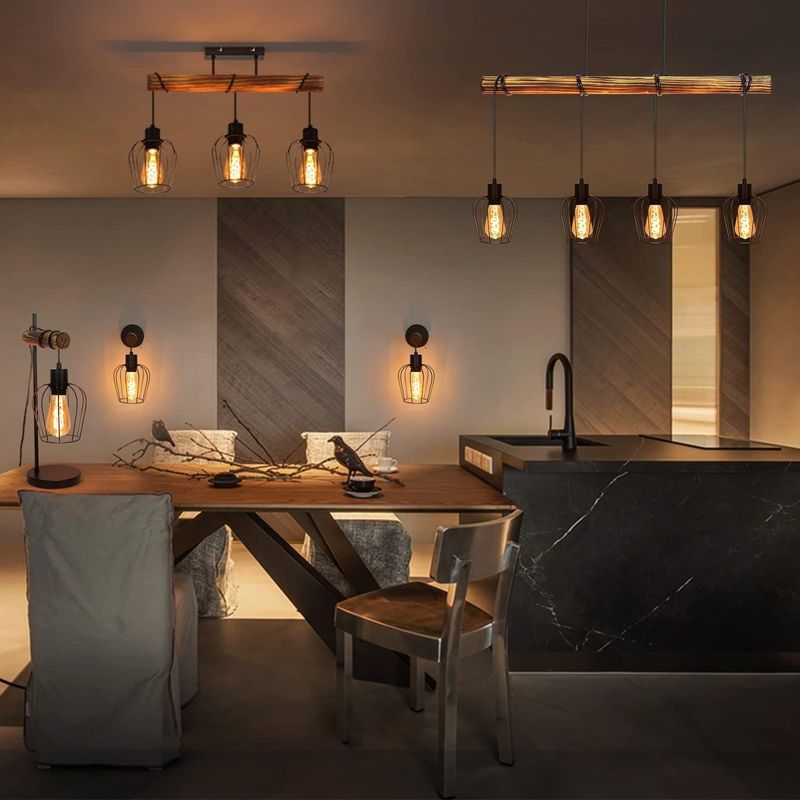 Glitzerlife Pendelleuchte Esstisch Hängelampe 4 Flammig - Holz Esszimmerlampe Schwarz Esstischlampe Hängend RertoIndustrial E27 Hängeleuchte Für Küche Wohnzimmer_voghion.com