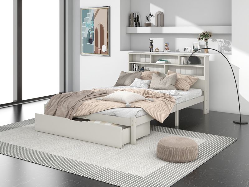 Lit double en bois massif avec tiroirs et sommier à lattes, style bibliothèque, pour enfants, adolescents et adultes, 140 x 200 cm, blanc_voghion.com