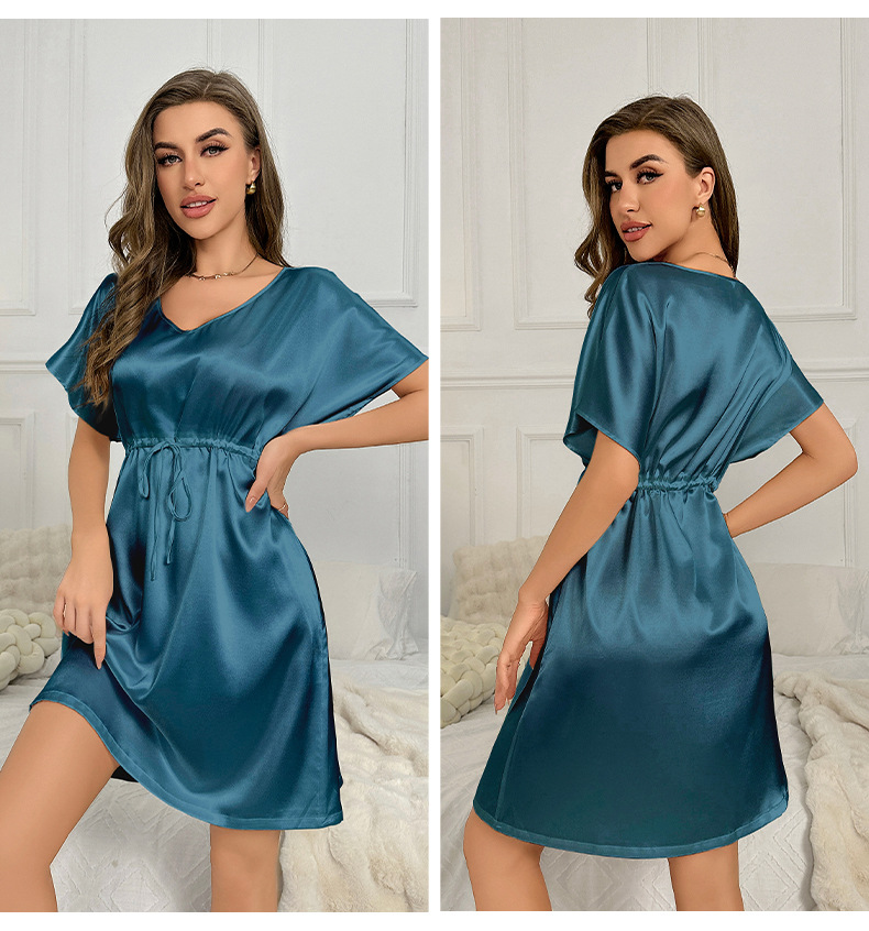 2023 neue Eis Seide Pyjamas Sommer Dünne Taille Schlaf Rock Lange frauen Hause Eingerichtet_voghion.com