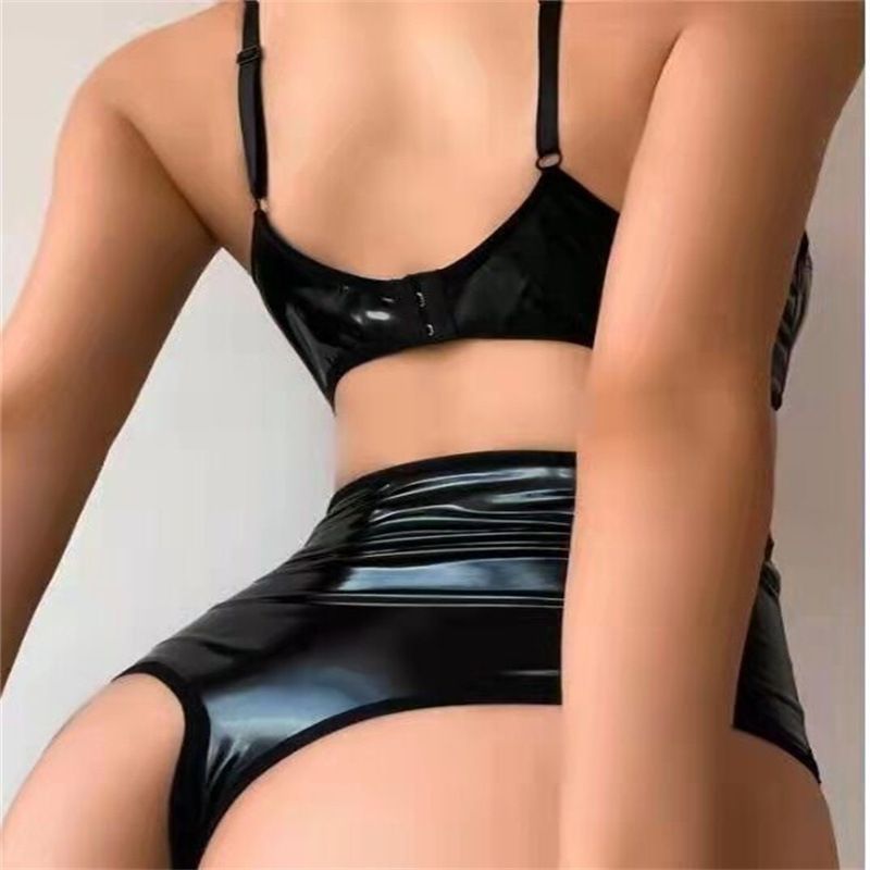 Lingerie divertente, vestibilità attillata, tuta con cavallo aperto a specchio, pelle verniciata PU, abito in pelle lucida_voghion.com
