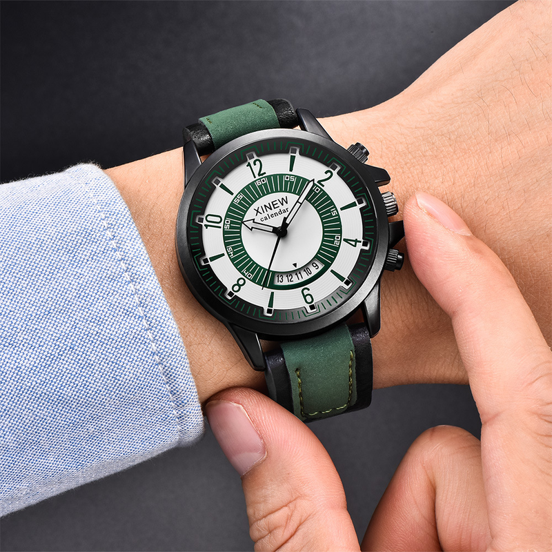 XINEW Märkesklockor Herr Läder Datum Quartz Armbandsur_voghion.com