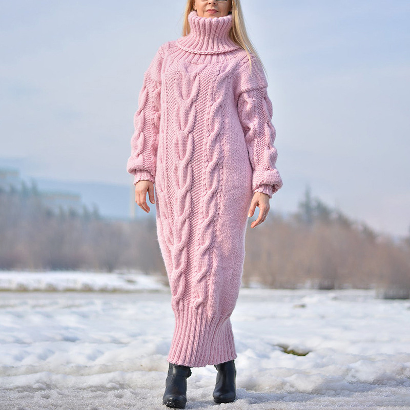 Damenbekleidung Herbst und Winter neuer einfarbiger Pullover mit hohem Kragen, Zopfmuster, locker gestrickter Pullover, Pendlerpullover mit langem Rock_voghion.com