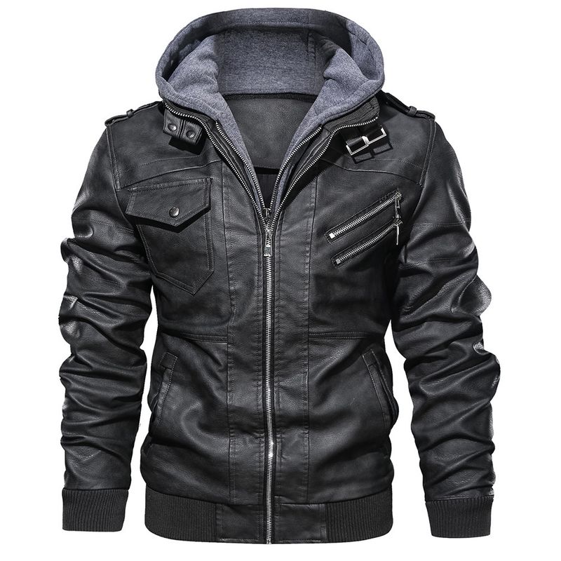 Men's Clothing leather jacket men's slim zipper PU motorcycle youth hooded coat jacket_voghion.com