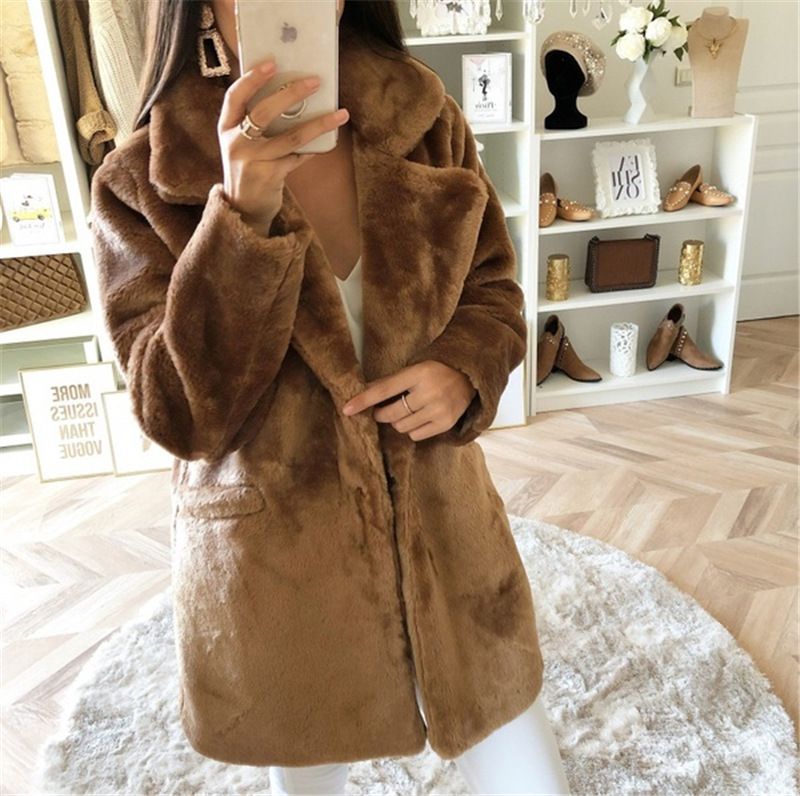 Women's Mid-length Solid Color Loose Plush Coat Imitation Fur Coat_voghion.com
