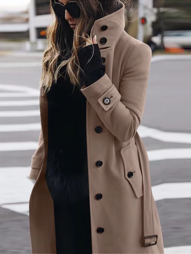 Slim-Fit Wool Blend Pea Coat For Women – Elegant Short Trench Coat With Belted Waist Coat Solid Color Women's Coat_voghion.com