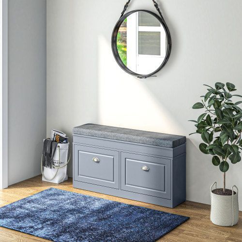 Modern Shoe Rack Bench For Entryway, Storage Organizer With Cushion, 2 Drawers, Adjustable Shelf, Holds 8 Pairs, Gray_voghion.com