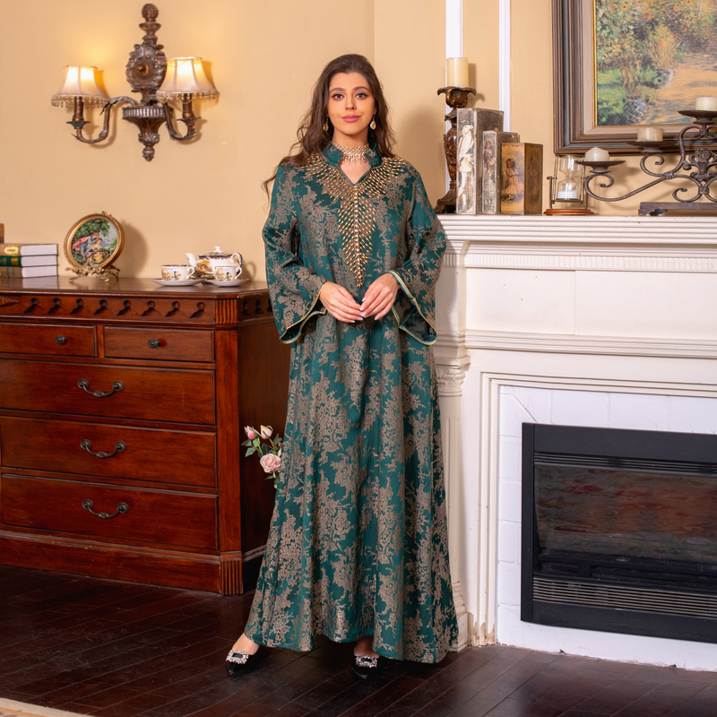 Women's Clothing Muslim Evening Gown Jacquard Embroidery Dress Beading Fashion Kaftan Arabian Dubai Robe_voghion.com