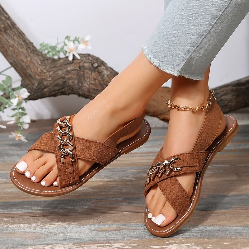 Round Toe Chain Cross Flat Sandals_voghion.com