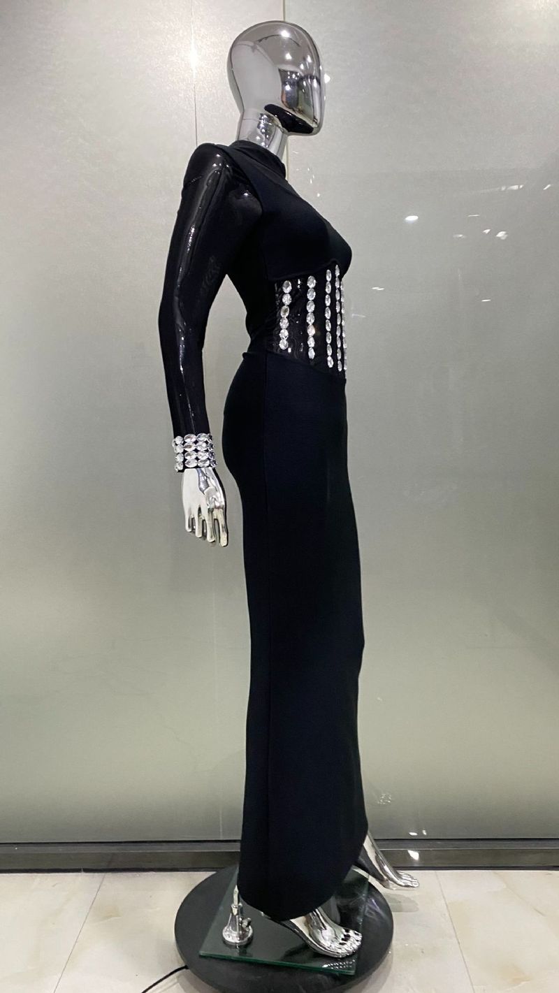 Damenbekleidung Außenhandel heißer Stil glänzender Strass sexy durchsichtiges enges Kleid modisches heißes Party-Abendessen-Kleid_voghion.com