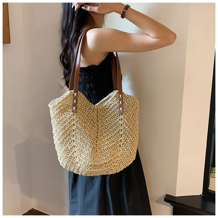 Borsa di paglia Borsa intrecciata Borsa di paglia intrecciata Mori Borsa da spiaggia per donna Borsa da spiaggia intrecciata Borsa a tracolla singola di grande capacità_voghion.com