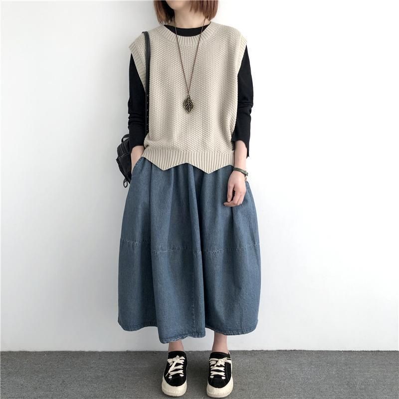 K Women's Knitted Vest; Pure Color, Loose, Round Neck, Irregular Pullover Short Cardigan._voghion.com