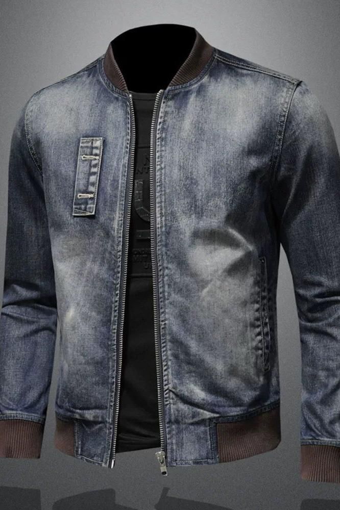 Men's Denim Jacket Retro Slim Fit Stand Collar Zip-Up Workwear Coat For Motorcycle Riding & Casual Wear (Blue, S-3XL)_voghion.com