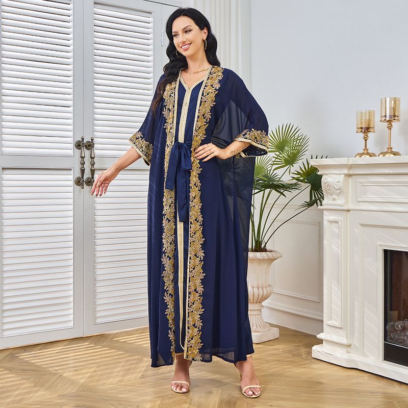 Evening Gown Solid Color Beaded Bat Sleeves Elegant Women's Muslim Robe Cardigan Two-Piece Set Dress_voghion.com