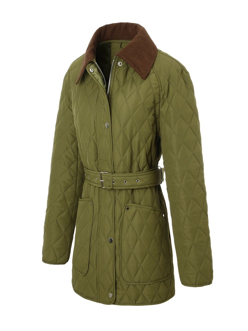 Quilted Corduroy Collar Coat – Slimming Mid-Length Puffer (Diamond Stitch, Adjustable Belt, 3 Office-Ready Colors)_voghion.com