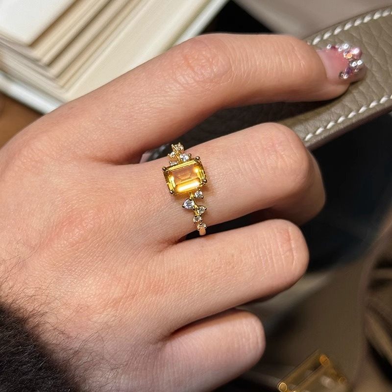 S Pure Silver Natural Yellow Crystal Square Sugar For Women, Light Exquisite Luxury, Niche High-end Index Finger Ring_voghion.com