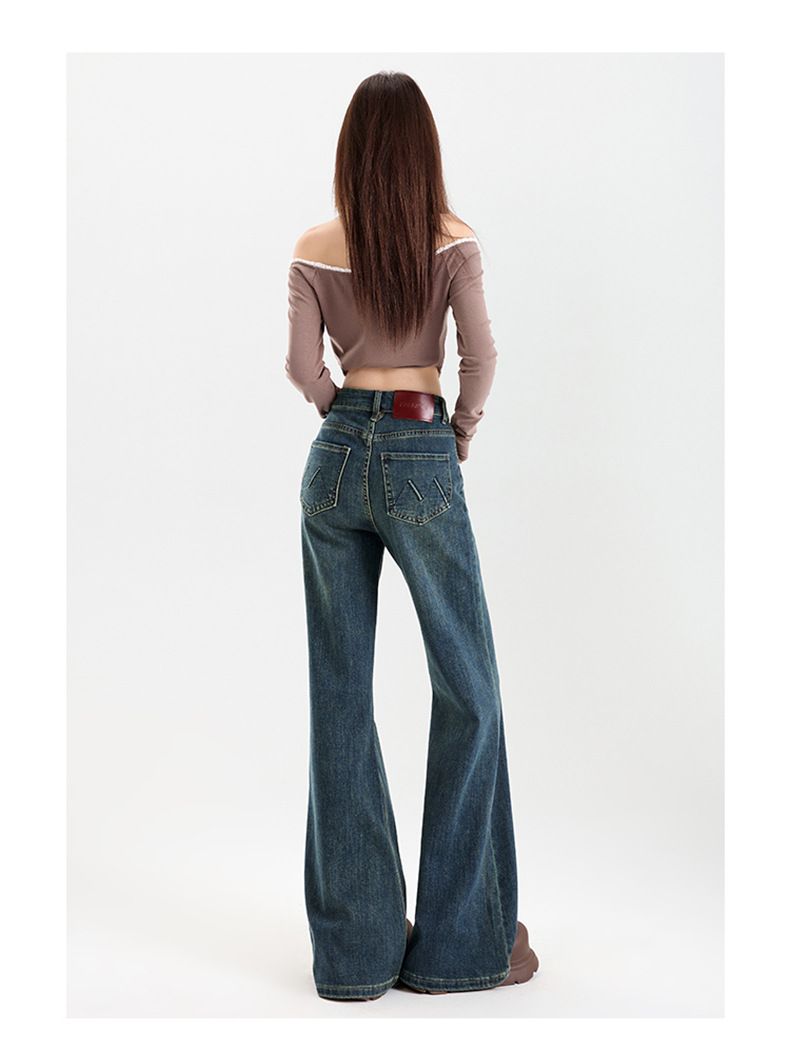 Jeans a zampa elasticizzati a vita alta per donna - Pantaloni slim fit a zampa con comodo tessuto elastico e lavaggio vintage (azzurro/blu retrò, XS-2XL)_voghion.com