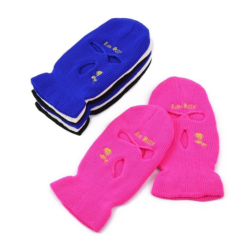 Cappello lavorato a maglia a tre fori per autunno e inverno con ricamo di rose - Cappello caldo per l'inverno e l'autunno per sci, ciclismo e attività all'aperto_voghion.com