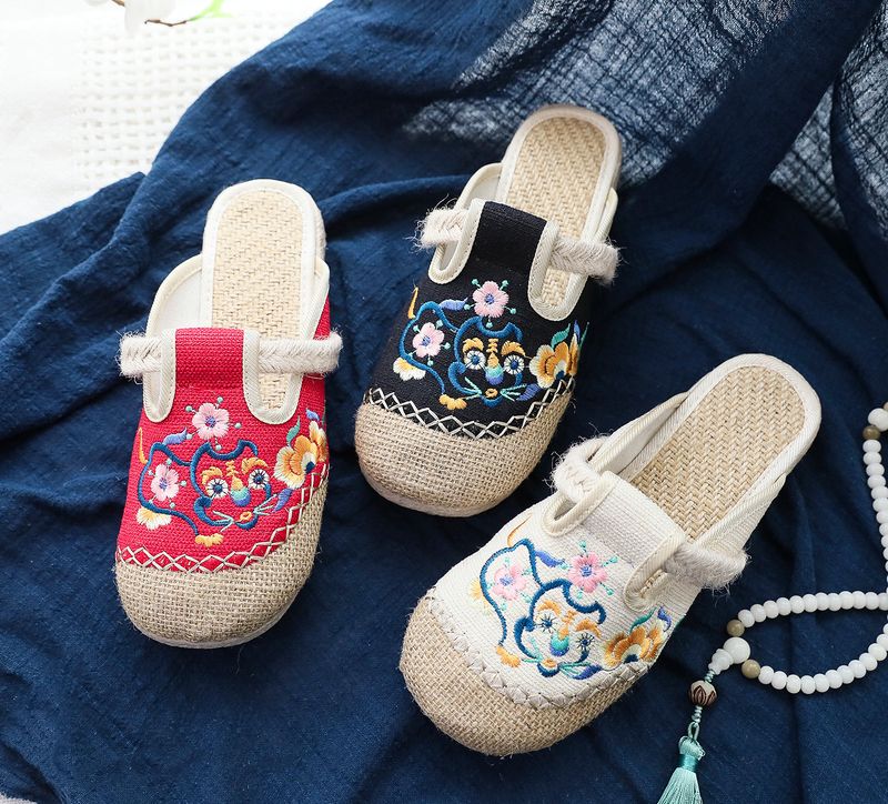 Pantofole, Lino piatto, 2025 Nuove scarpe in tessuto ricamato in stile etnico con alluce, Pantofole da esterno fresche da donna_voghion.com