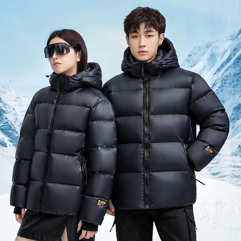 Black Gold Label Kurzer Mantel mit Kapuze aus Gänsedaunen im Paarstil, glänzend, verdickt, warm, für den Außenbereich, Pufferjacke, Großhandel_voghion.com