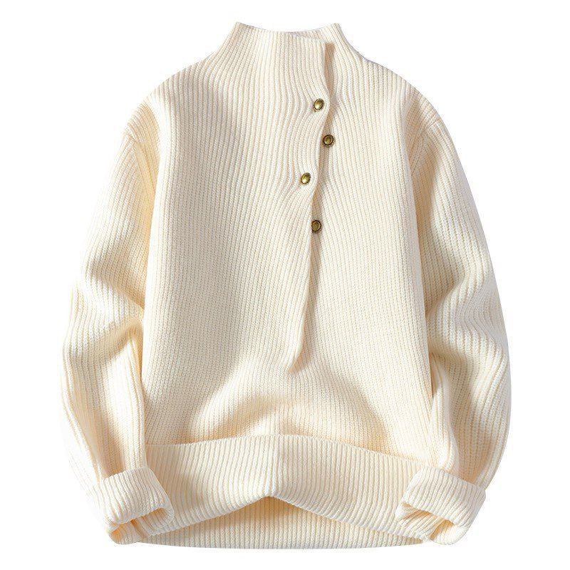 Pull coréen-japonais à col roulé mi-long boutonné en maille épaisse, coupe ample, pour hommes et femmes_voghion.com