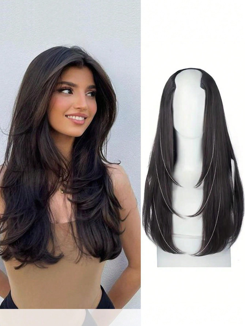 Synthetische lange gerade Extenisons 22 Zoll Clip-in-Haarverlängerung V-Form hitzebeständige Haarteile für Frauen Mädchen_voghion.com