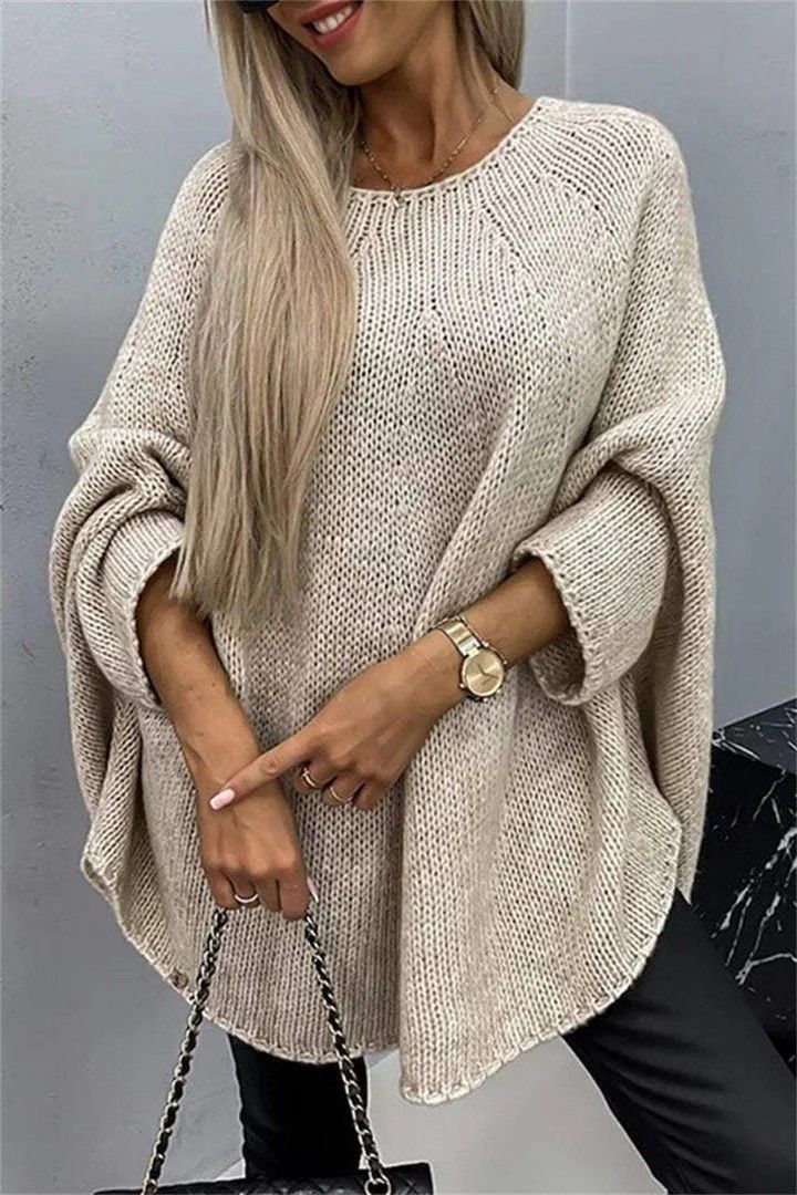 Women's Cape Knit Sweater – Oversized Shawl Collar Pullover (Greyish/Pinkish/Khaki, S/M & L/XL)_voghion.com