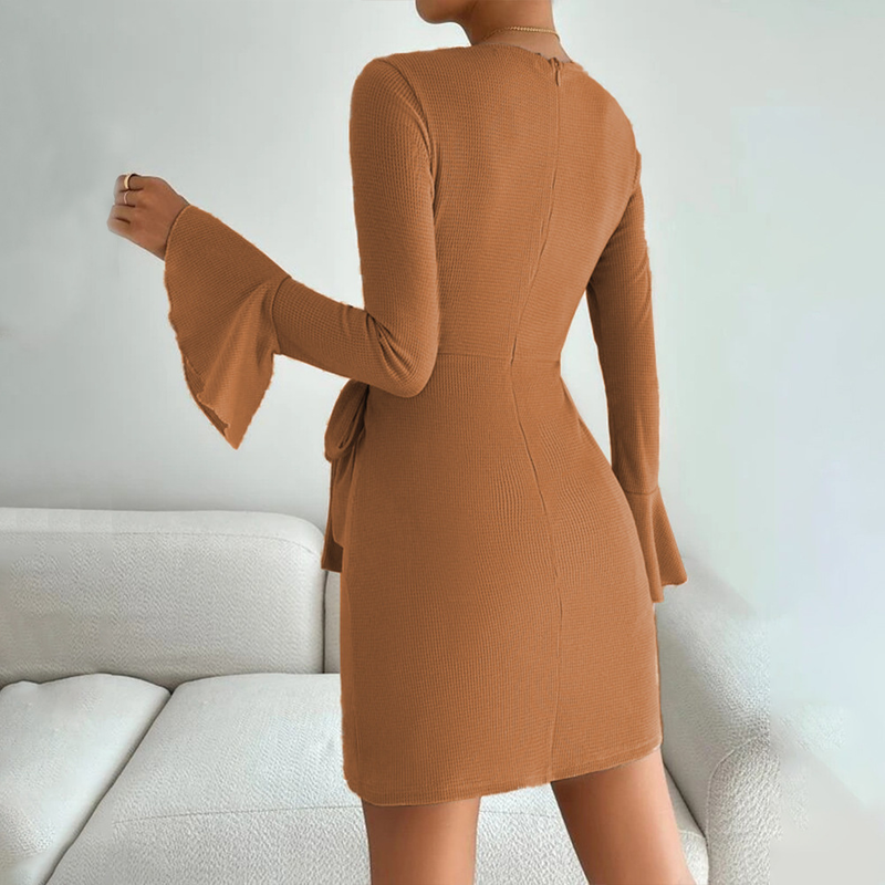 Damen dünnes Rundhals-Taschen-Hüft-Waffel-Langarm-Sexy-A-Linien-Kleid_voghion.com