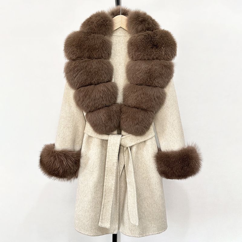 Women's Long Wool & Cashmere Coat With Real Fox Fur Collar - Double-Faced Winter Trench Coat, Slim Fit Belted Dressy Outerwear, Elegant Overcoat (S/M)_voghion.com