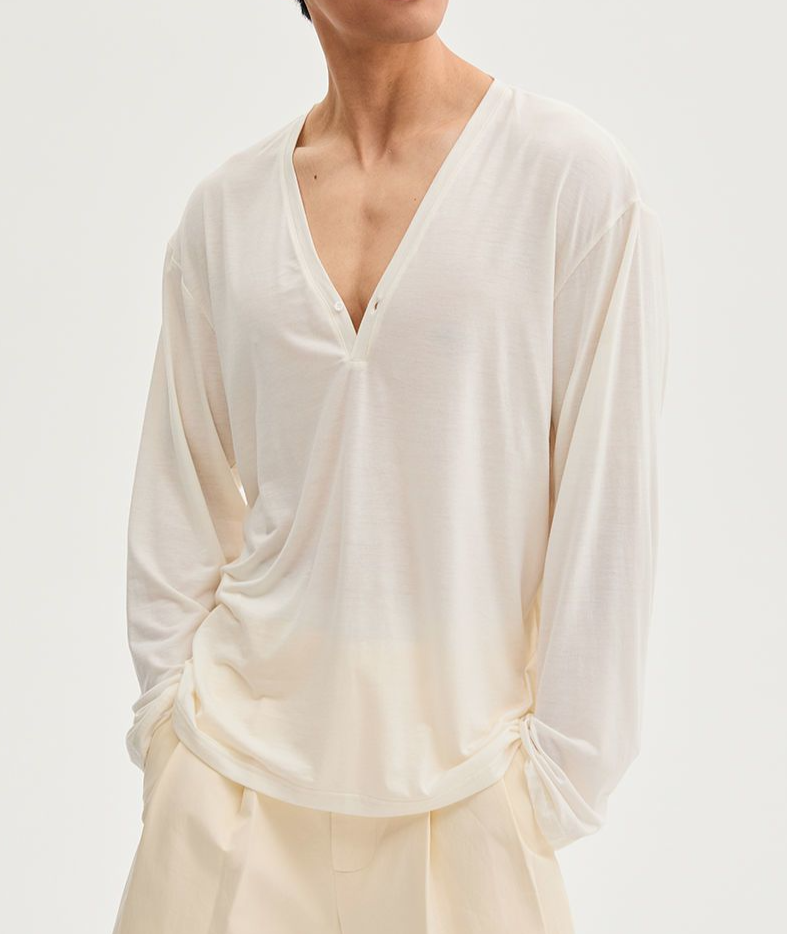 Primavera Verão Novo Deep V Stretchable Top Camisa da Moda Manga Longa Cardigan Unissex_voghion.com
