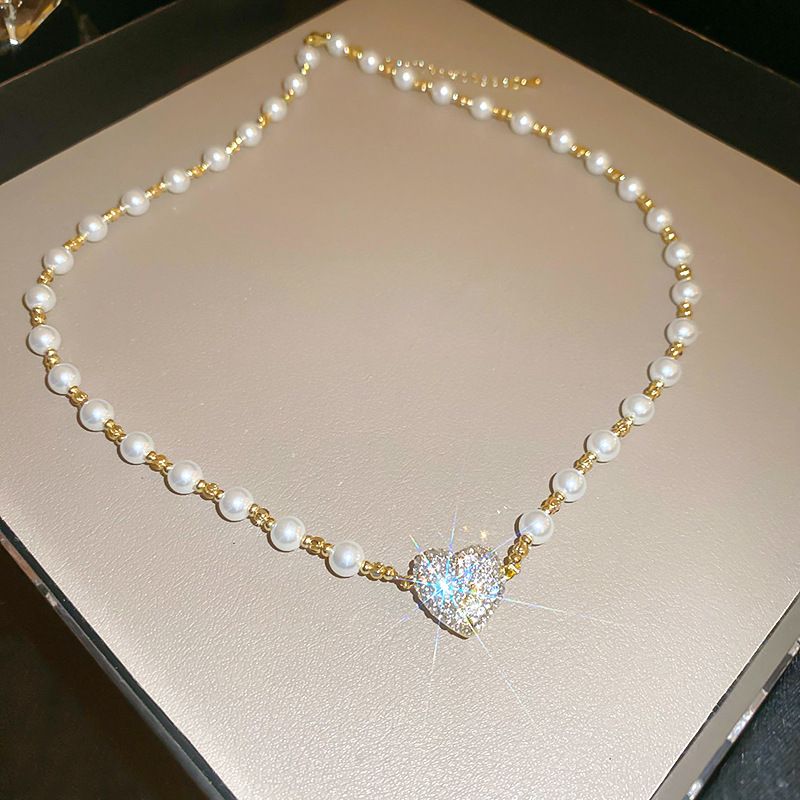 Echte Goldgalvanisierung Kreative zerbrochene Liebesperlenkette Französischer Prinzessinnenstil Vielseitige Schlüsselbeinkette_voghion.com