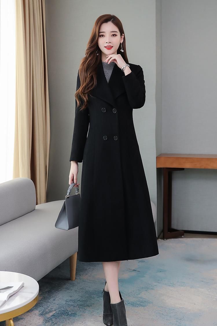 Women's Long Wool Trench Coat With Belted Waist, Double-Breasted Notch Lapel, Plus Size Overcoat For Autumn Winter_voghion.com