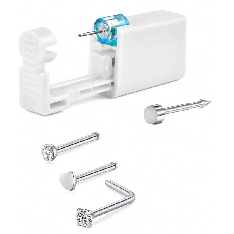 4Pcs Nose Piercing Kit With Nose Stud, 1 Nose Piercing Gun, Disposable Nose Piercing Kit With Straight L-Shape Nose Rings Stud_voghion.com