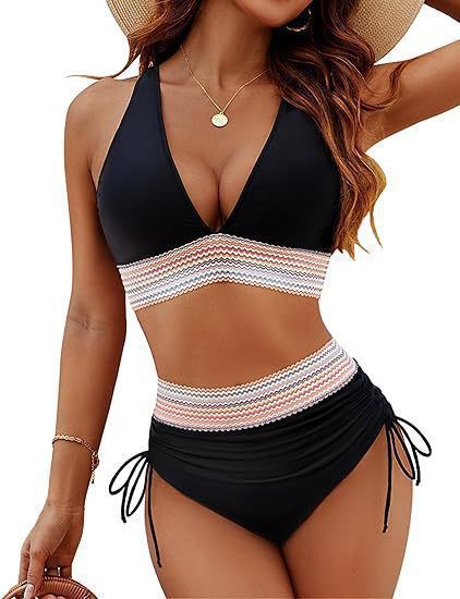 Maillot de bain deux pièces moulant à col en V profond pour femme, nouveau style, sexy, taille haute_voghion.com