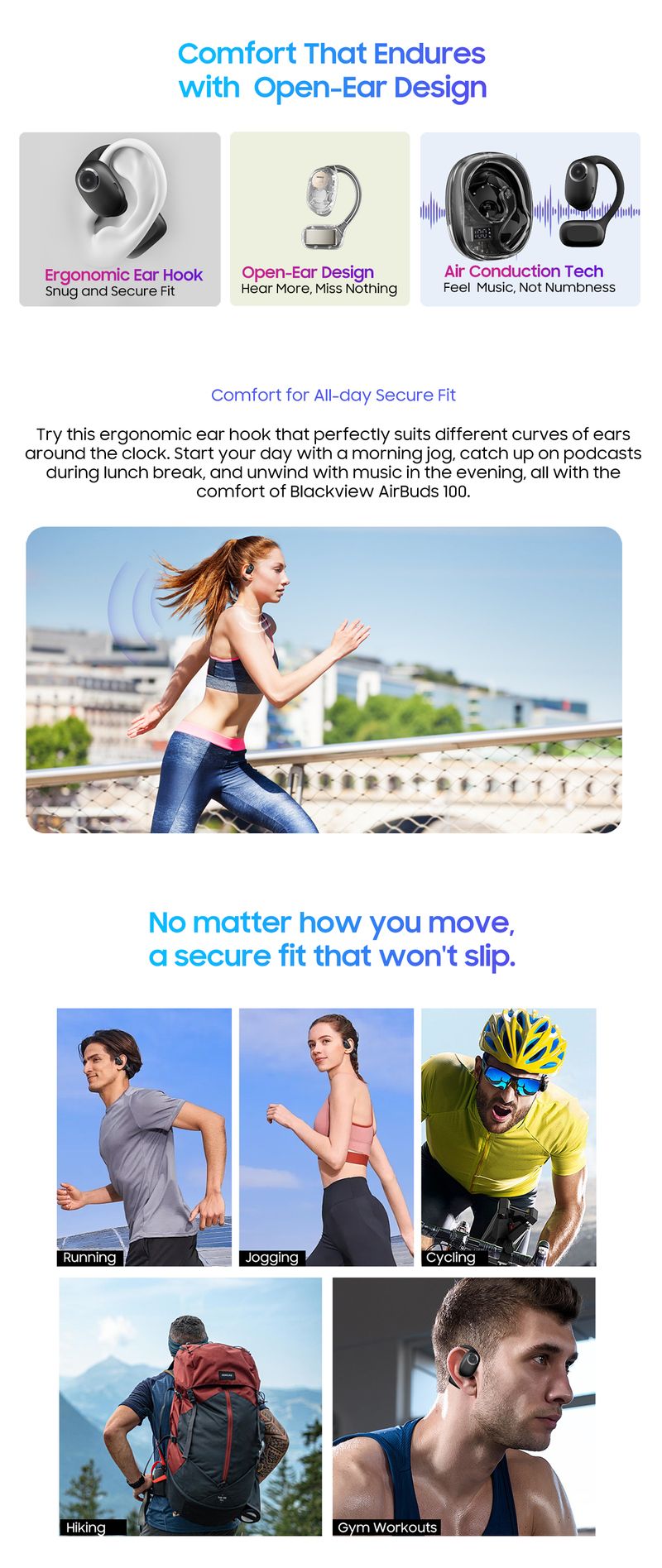 Blackview Airbus 100 Earphones Open Wireless, Sport Air Guided Bass ENC, TWS With Microphone 500mAh IP68_voghion.com
