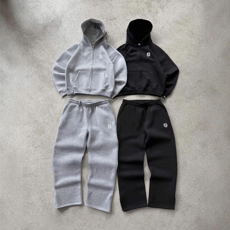 Harajuku Embroidered Zip Gray Hoodies Tracksuit Men Sweatshirt Sweatpants Two-piece Set Jacket New Y2k Streetwear Mens Clothes_voghion.com