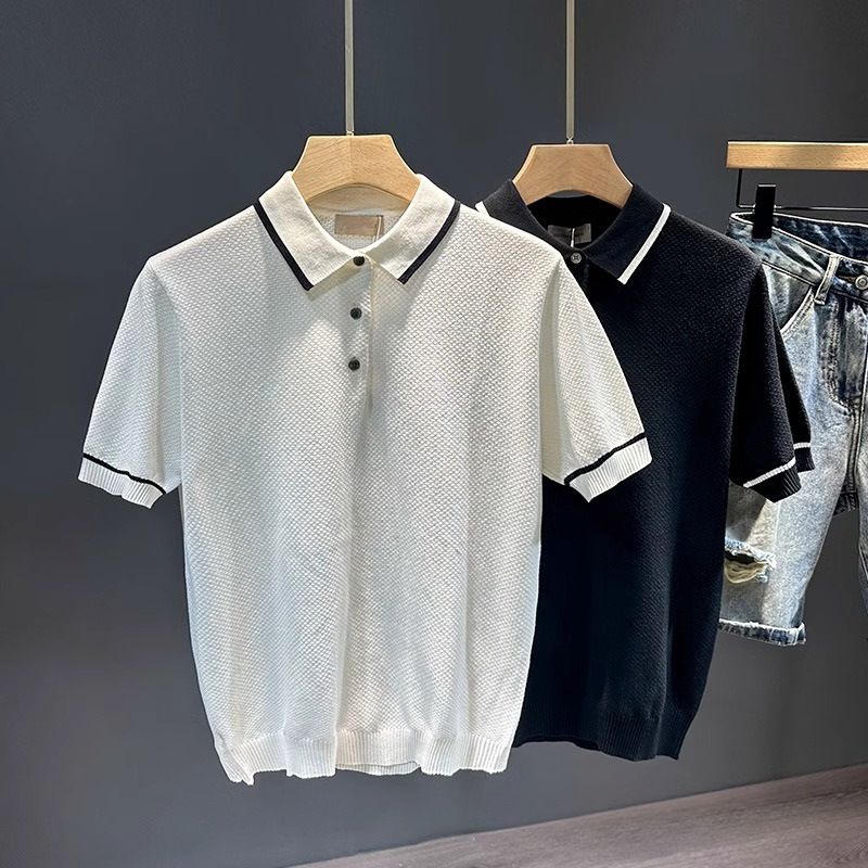 Maglietta a maniche corte da uomo, vestibilità slim casual, in maglia - Maglietta traspirante in misto cotone a maniche corte, per abbigliamento casual e quotidiano (nero/bianco)_voghion.com