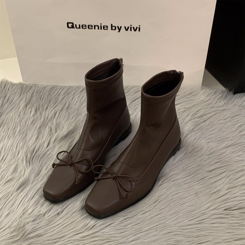 Schmetterlingsknoten Elastic Slim 2025 Herbst Square Toe Chunky Heel Short für Frauen Zurück Zipper Slimming Martin Stiefel_voghion.com