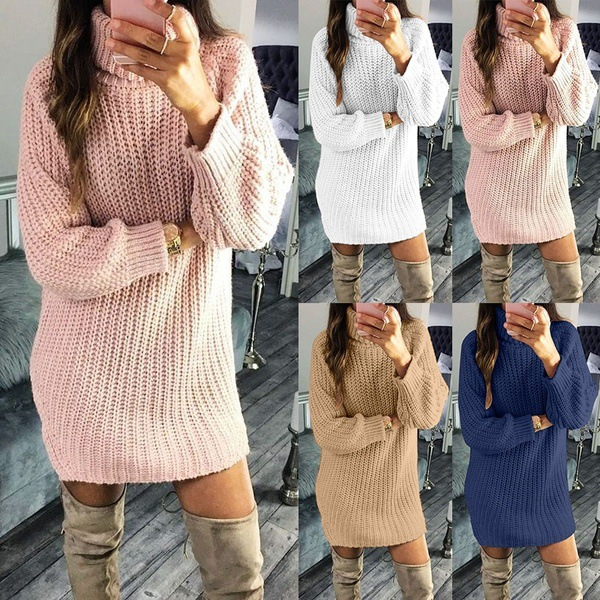 Women's solid color knitted dress autumn and winter pullover women's dress_voghion.com