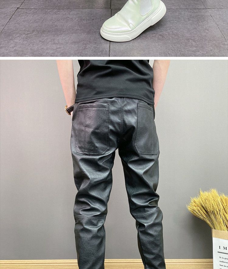 Pantaloni casual alla moda in pelle PU elastica da uomo, antivento e impermeabili, a sei tasche, tinta unita_voghion.com