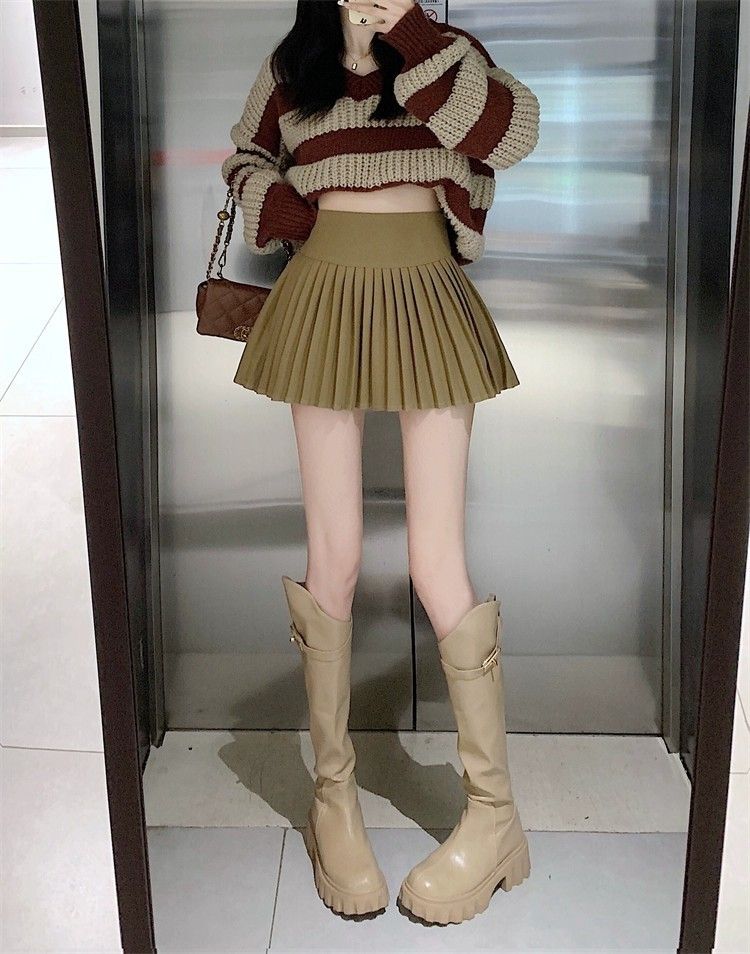 Jupe mi-longue en laine kaki GraceChic Melard pour femme, nouvelle collection automne-hiver, taille haute, amincissante, plissée, coupe trapèze, anti-exposition_voghion.com