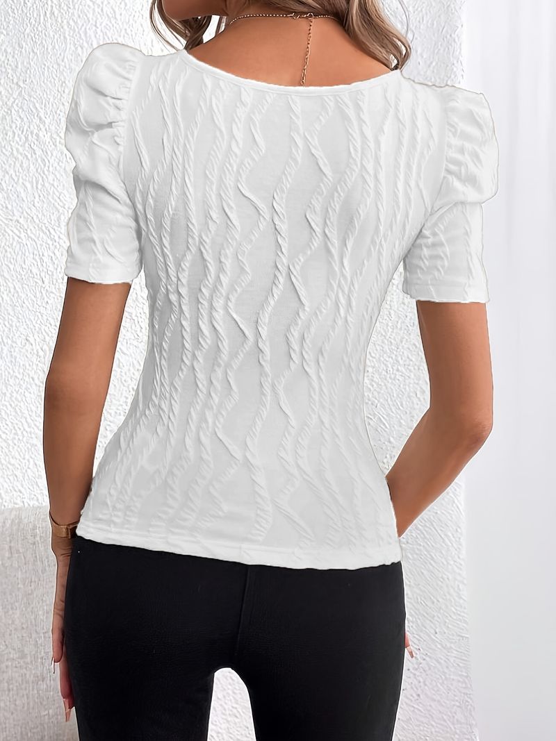 Women's Clothing Waist Top Casual Short Sleeve Textured Leg Of Lamb Sleeve T Shirt_voghion.com