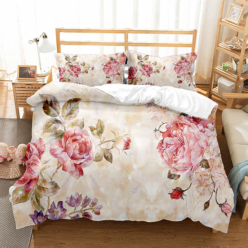 Set di biancheria da letto con tre serie di fiori per piante con stampa digitale 3D, set opaco in quattro pezzi_voghion.com